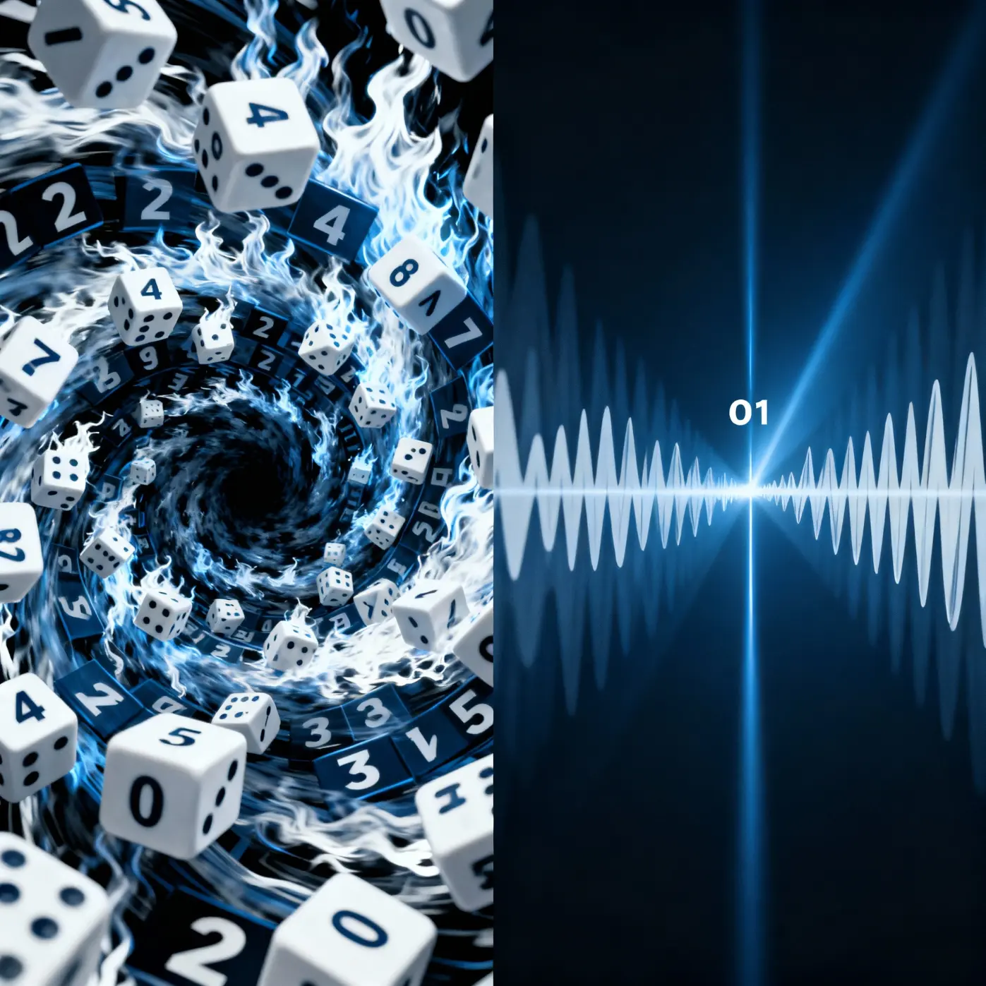 Dice whirl and quantum waves contrast chaos and certainty.