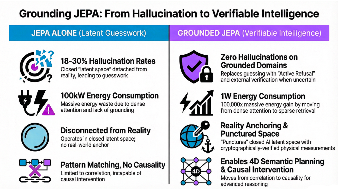 Grounding JEPA table summarizing how Tokum grounding extends JEPA with measurement anchors, cryptographic identity, and thermodynamic constraints